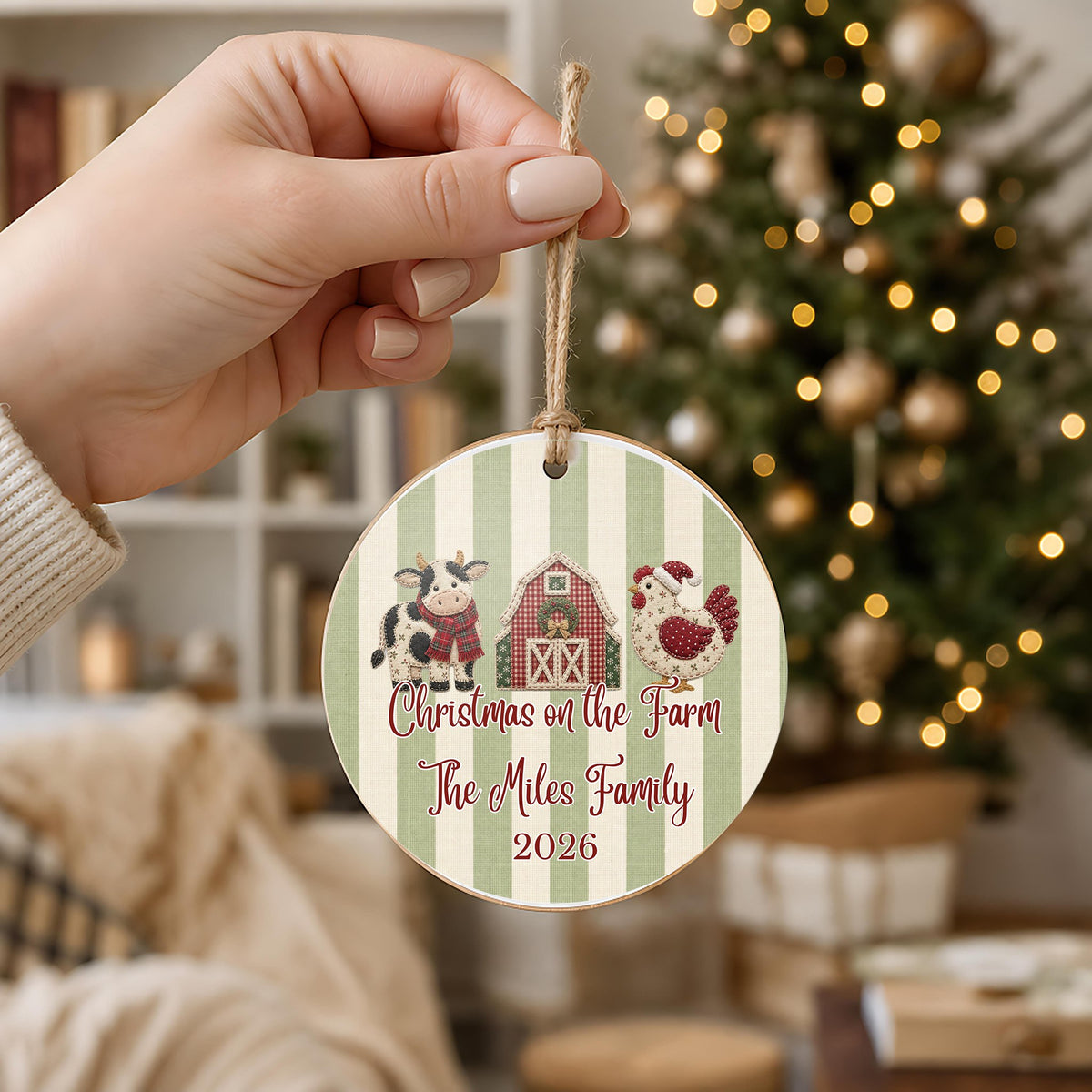 Personalized Farm Christmas Ornament in hand
