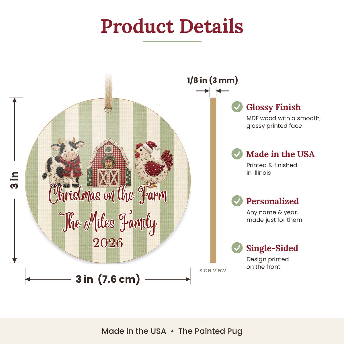 Personalized Farm Christmas Ornament size and details