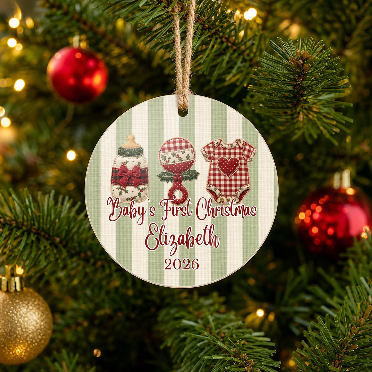 Personalized Baby's First Christmas Ornament on Christmas tree