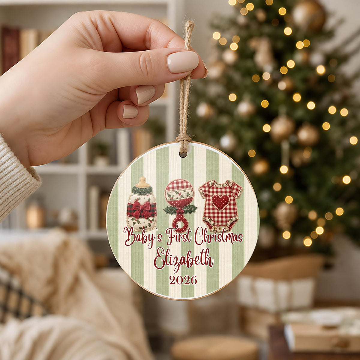 Personalized Baby's First Christmas Ornament in hand
