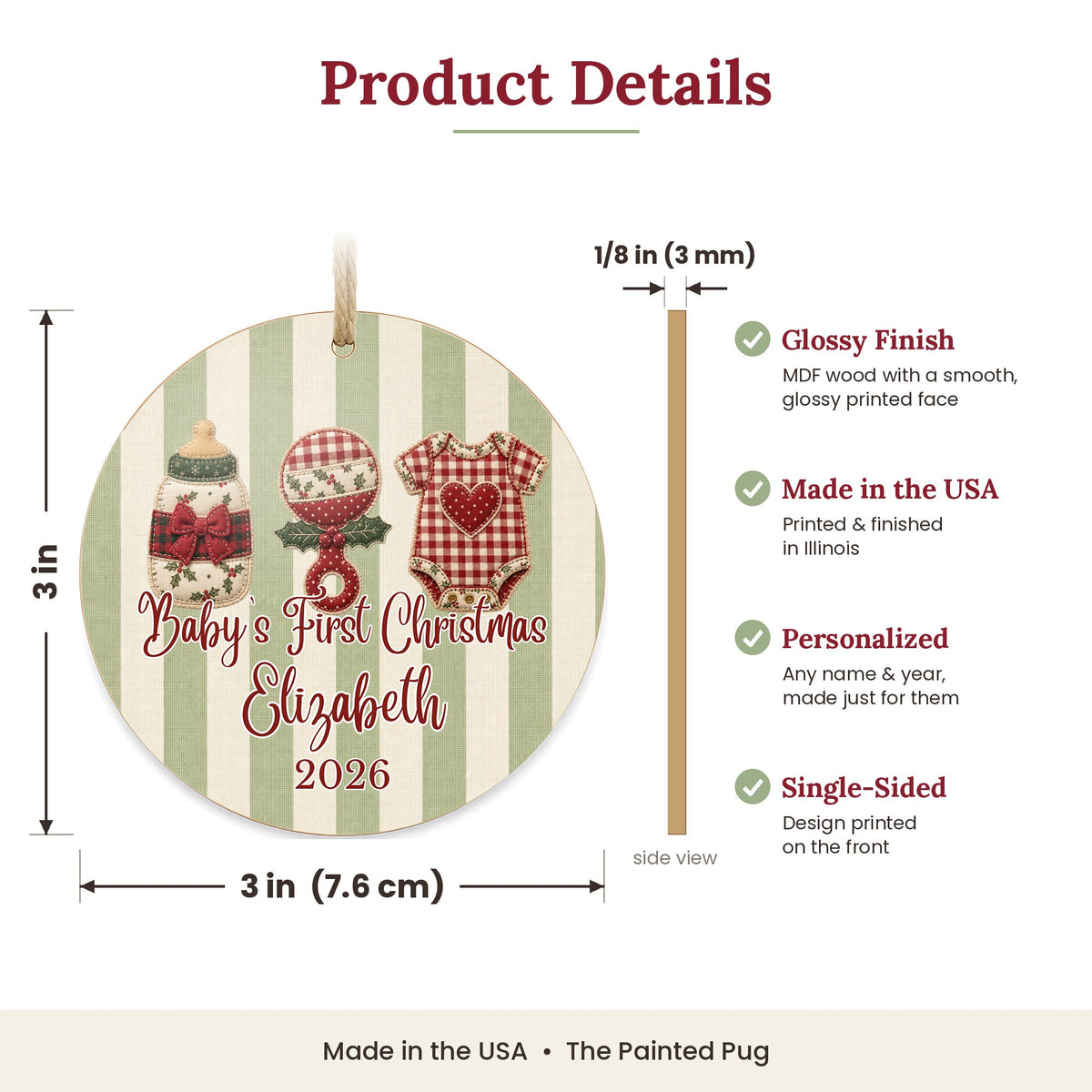 Personalized Baby's First Christmas Ornament size and details