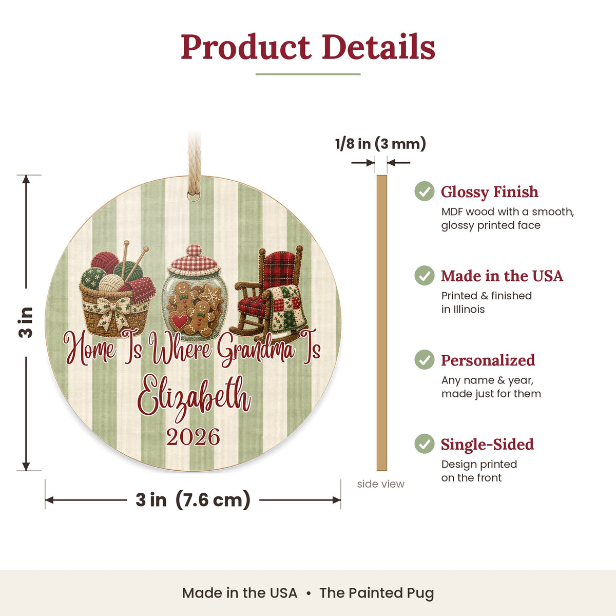 Personalized Grandma Ornament size and details