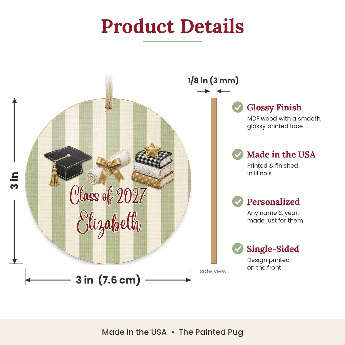 Personalized Graduation Ornament size and details