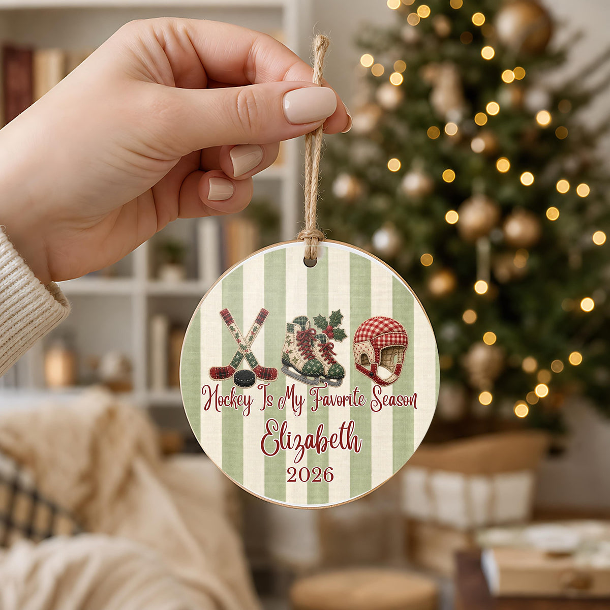 Personalized Hockey Ornament in hand
