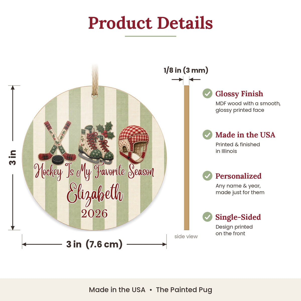 Personalized Hockey Ornament size and details