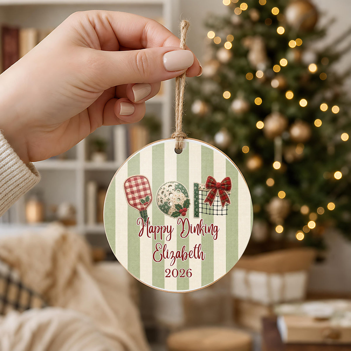 Personalized Pickleball Ornament in hand