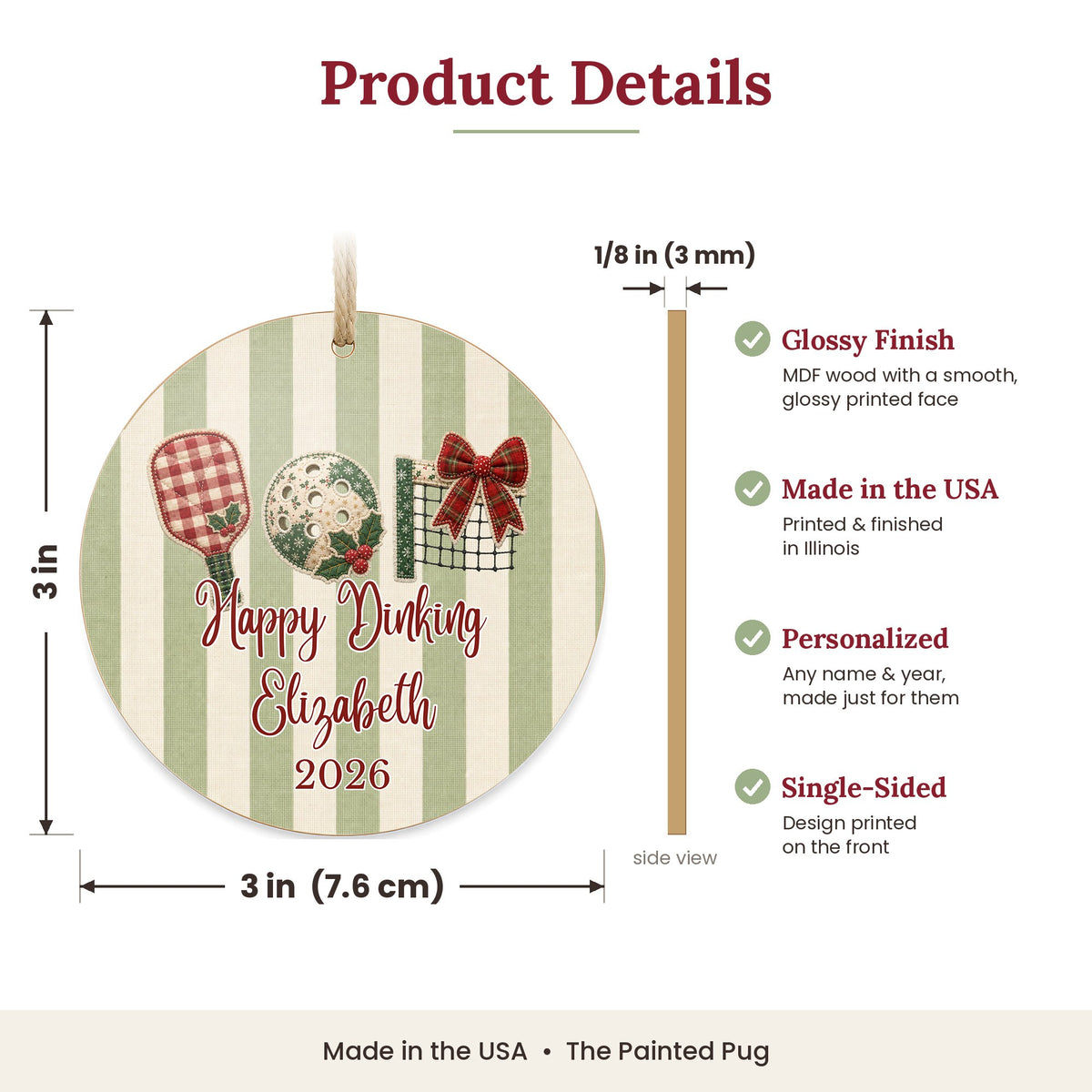 Personalized Pickleball Ornament size and details