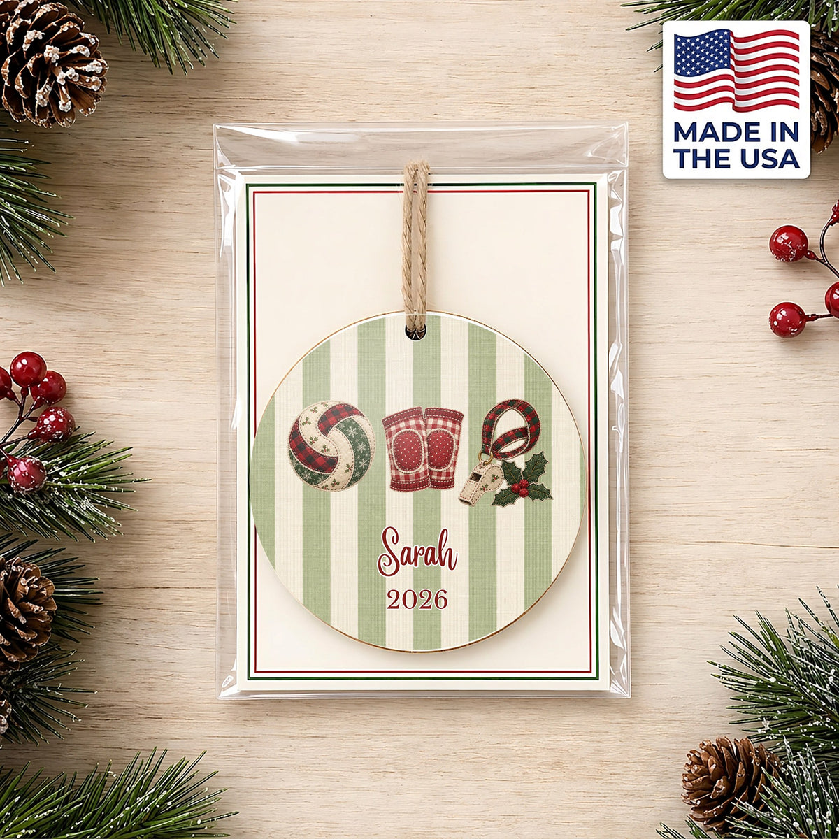 Personalized Volleyball Ornament in gift packaging