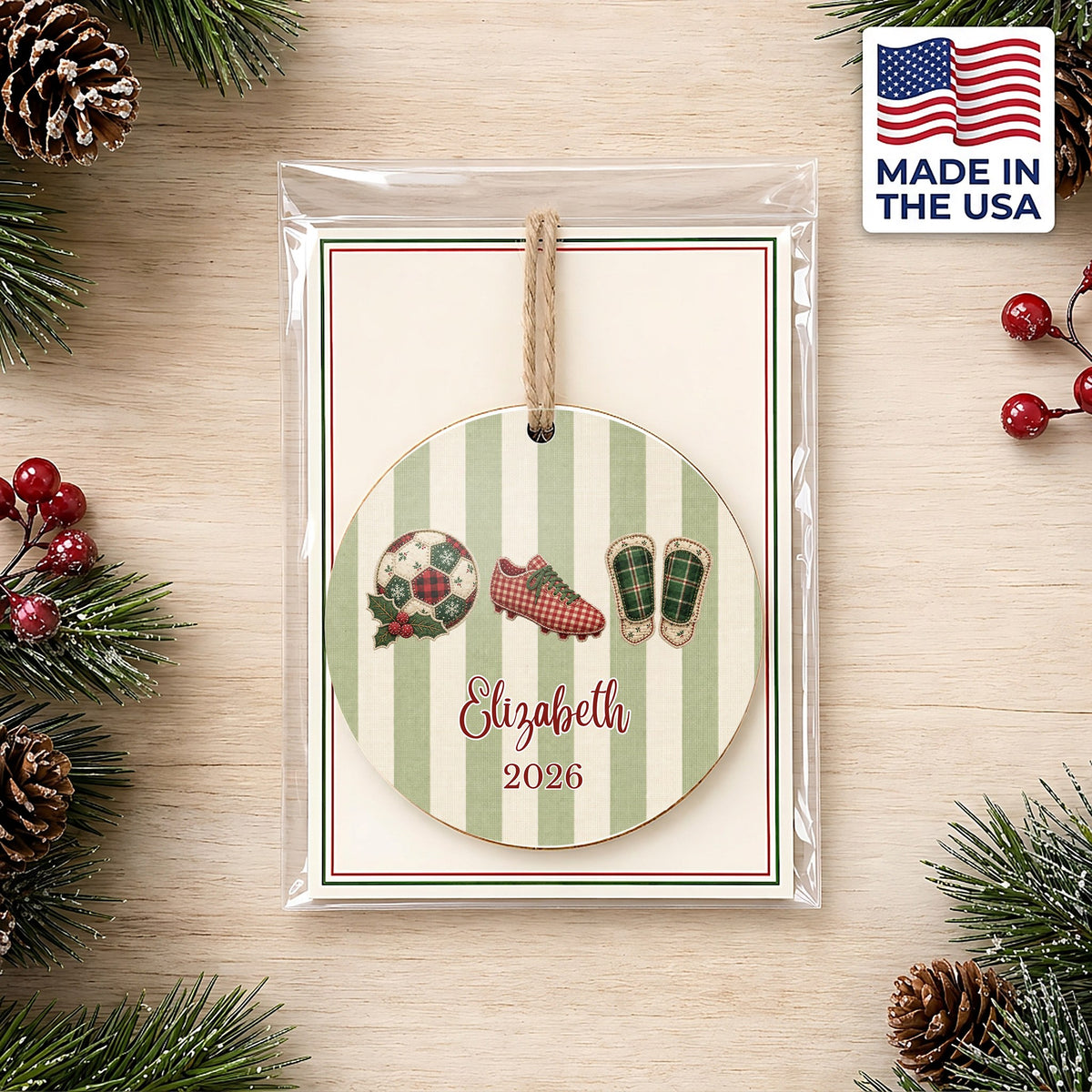 Personalized Soccer Ornament in gift packaging
