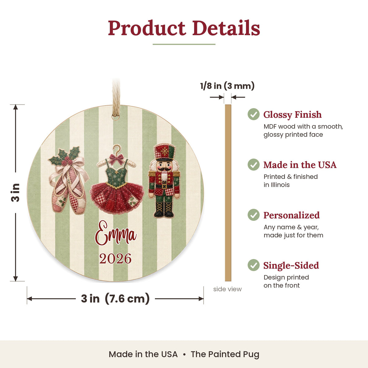 Personalized Ballet Ornament size and details