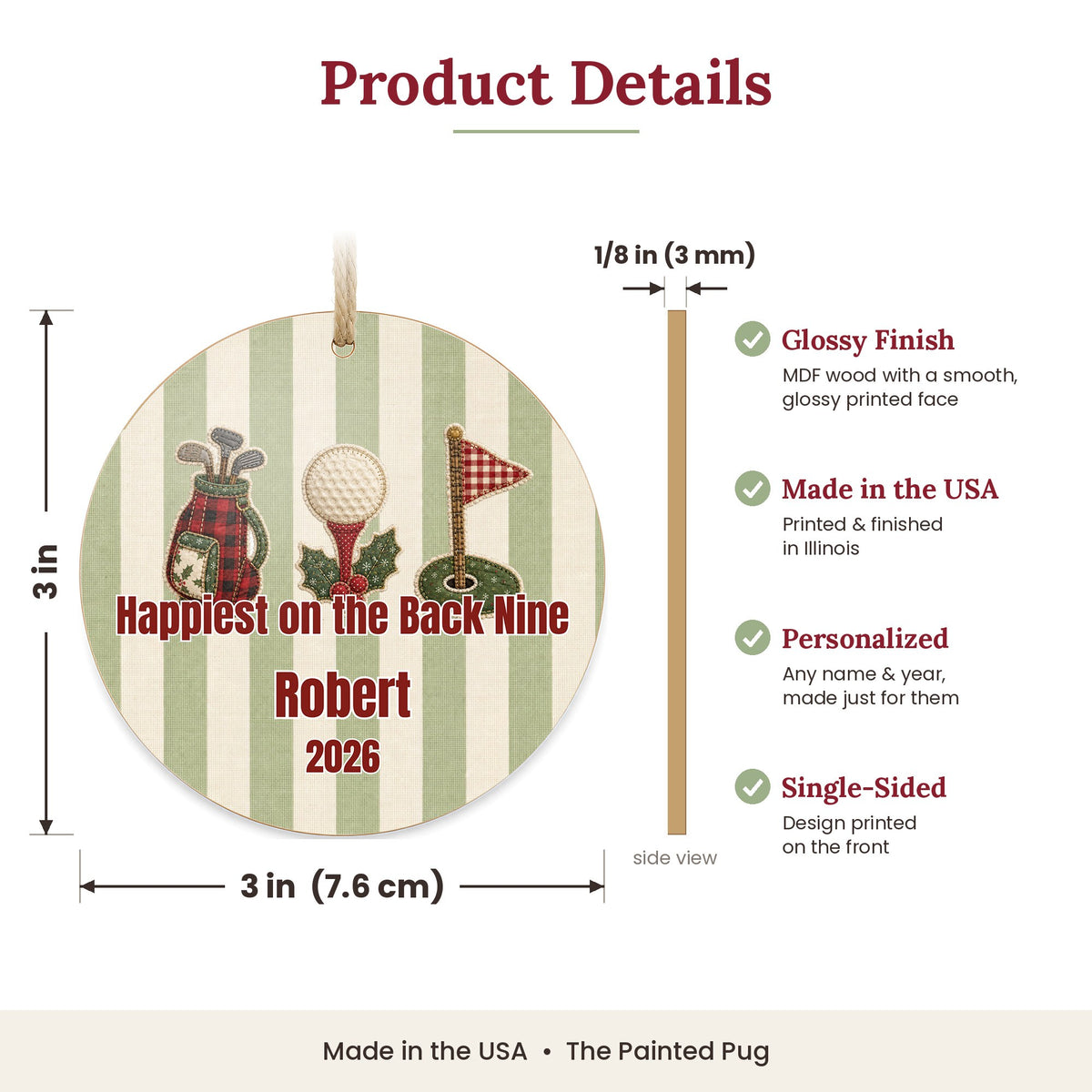 Personalized Golf Ornament size and details