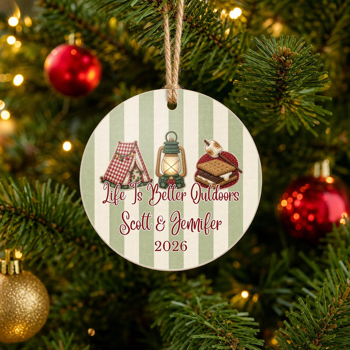 Personalized Camping Ornament on Christmas tree