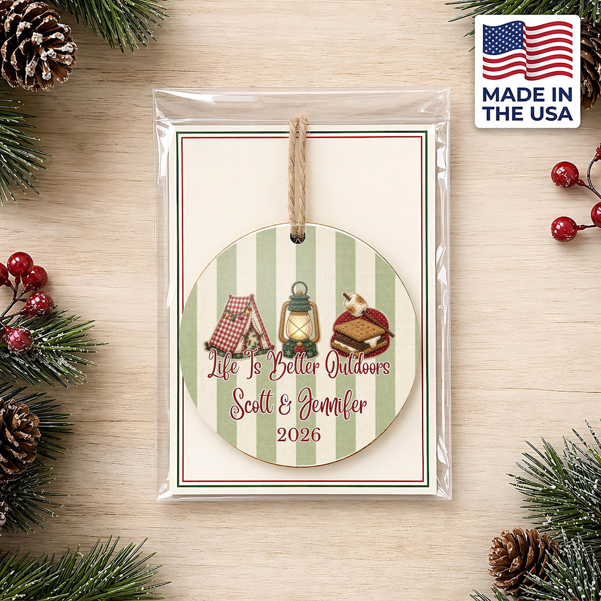 Personalized Camping Ornament in gift packaging