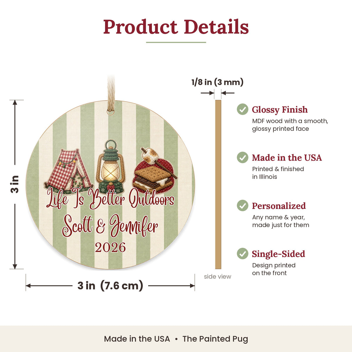 Personalized Camping Ornament size and details