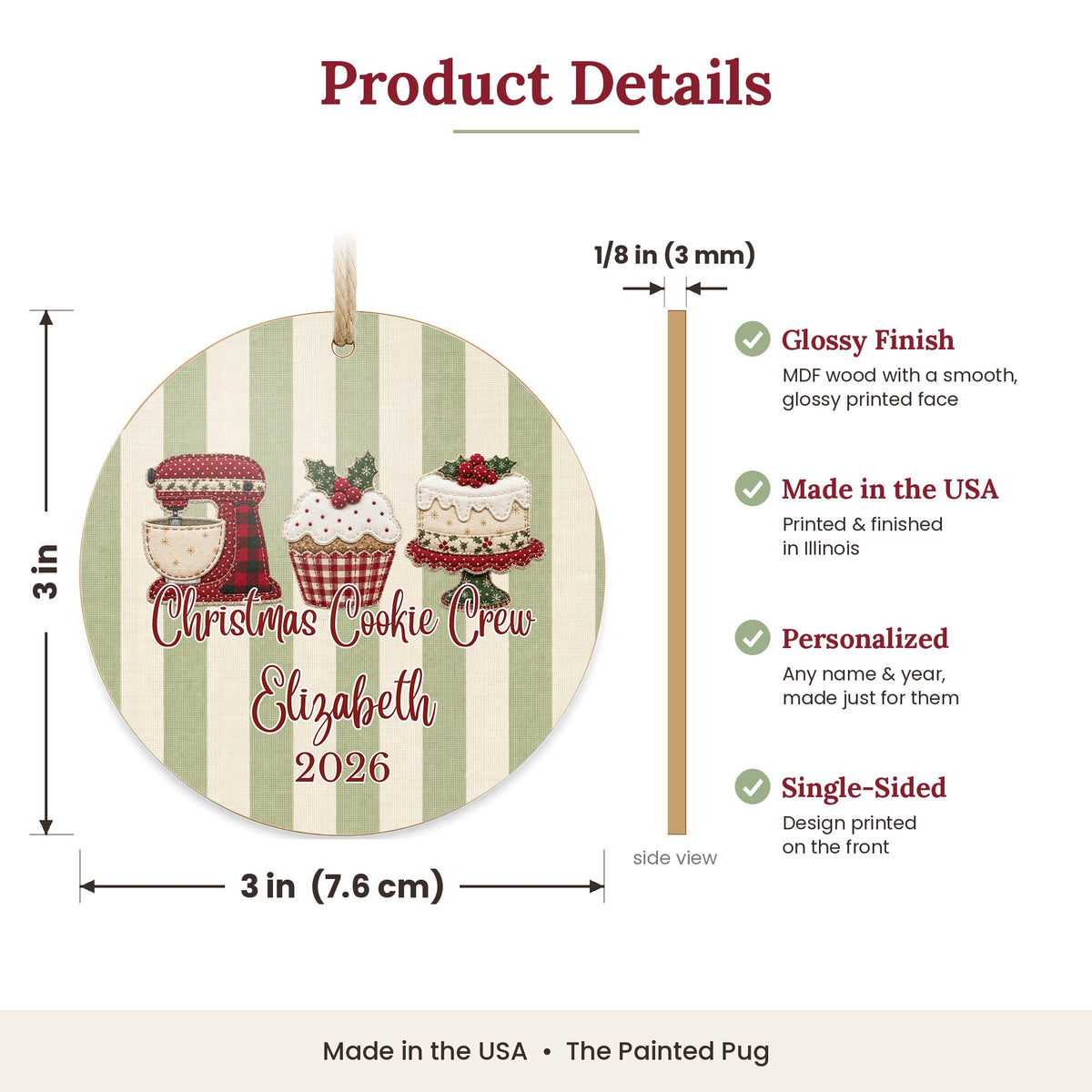 Personalized Baking Ornament size and details