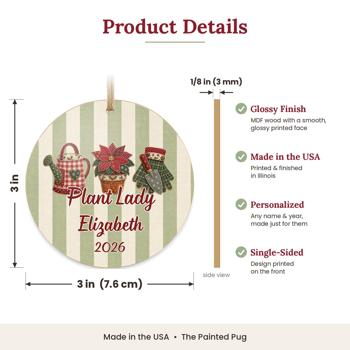 Personalized Plant Lady Ornament size and details