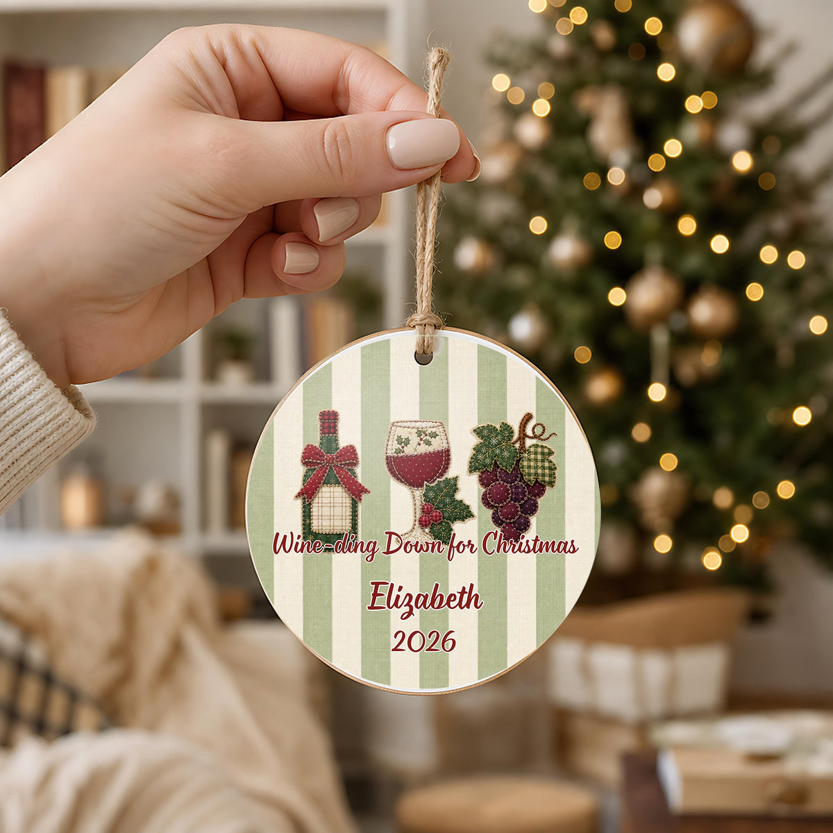 Personalized Wine Ornament in hand