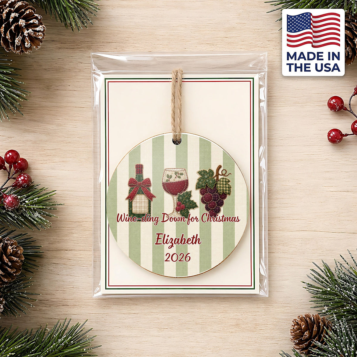 Personalized Wine Ornament in gift packaging