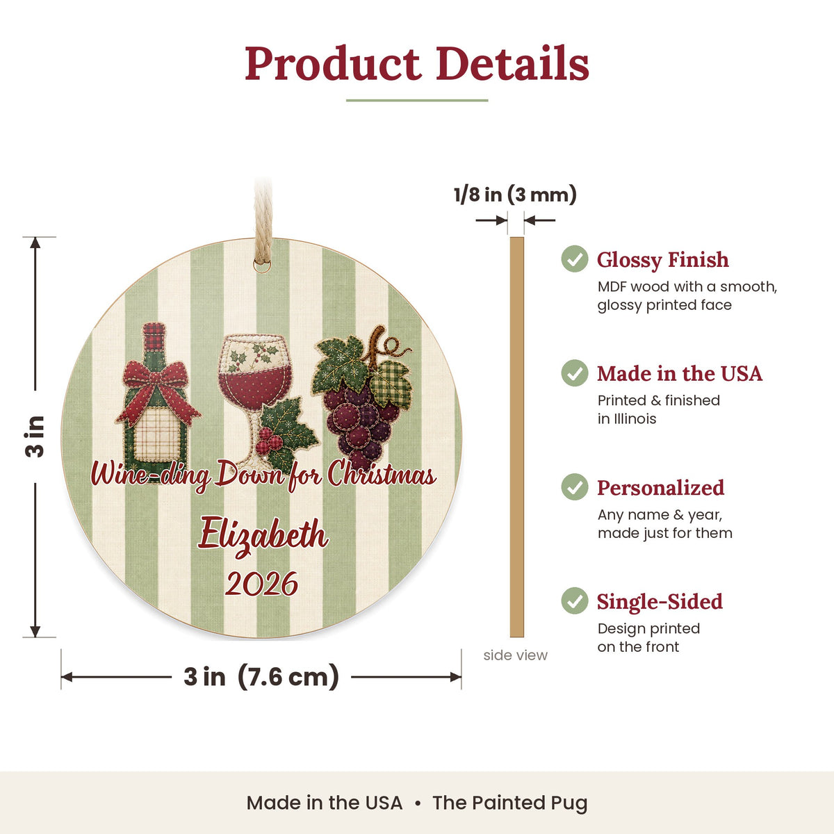 Personalized Wine Ornament size and details