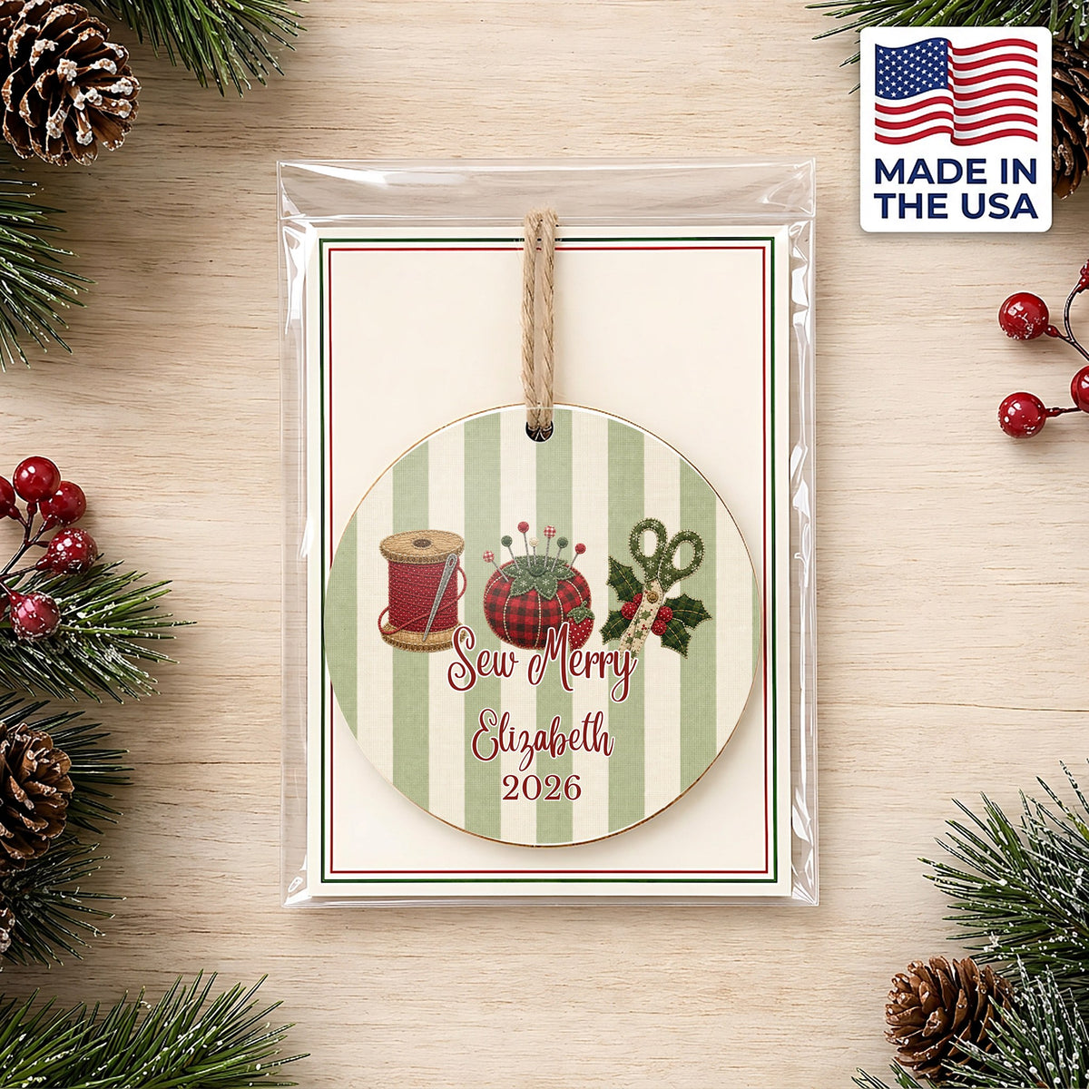 Personalized Sewing Ornament in gift packaging