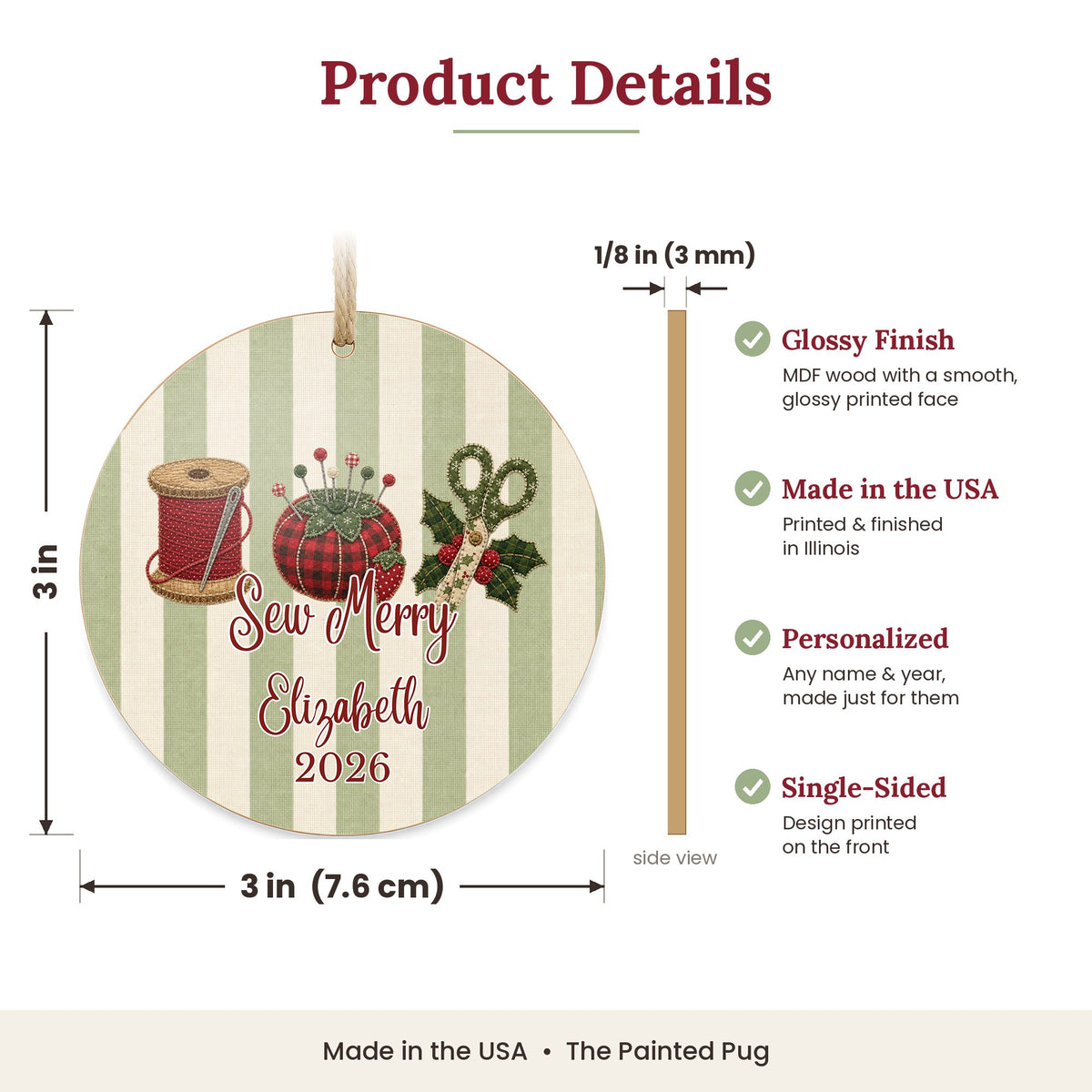 Personalized Sewing Ornament size and details