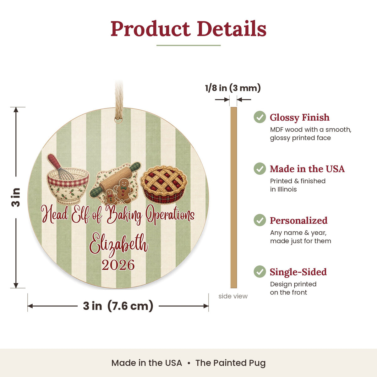 Personalized Baking Ornament size and details