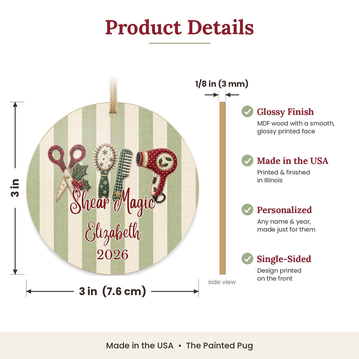 Personalized Hairstylist Ornament size and details