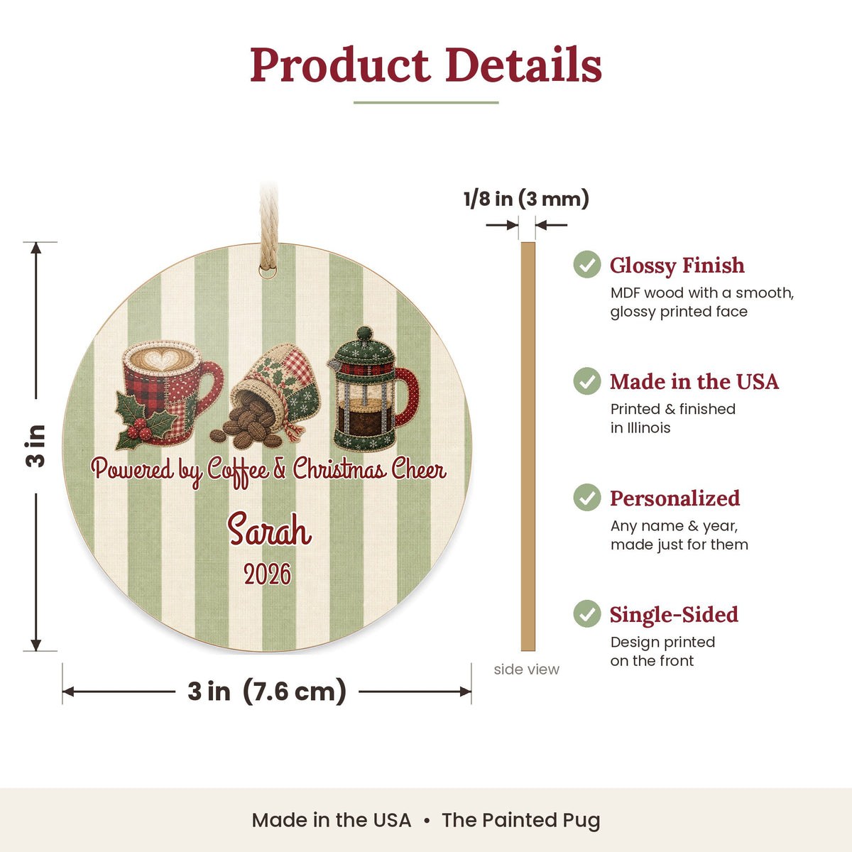 Personalized Coffee Ornament size and details