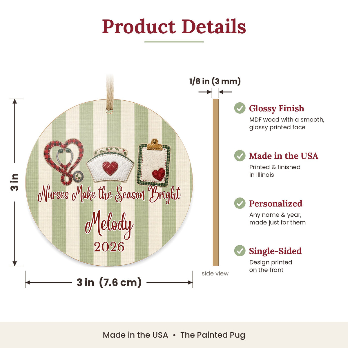 Personalized Nurse Ornament size and details