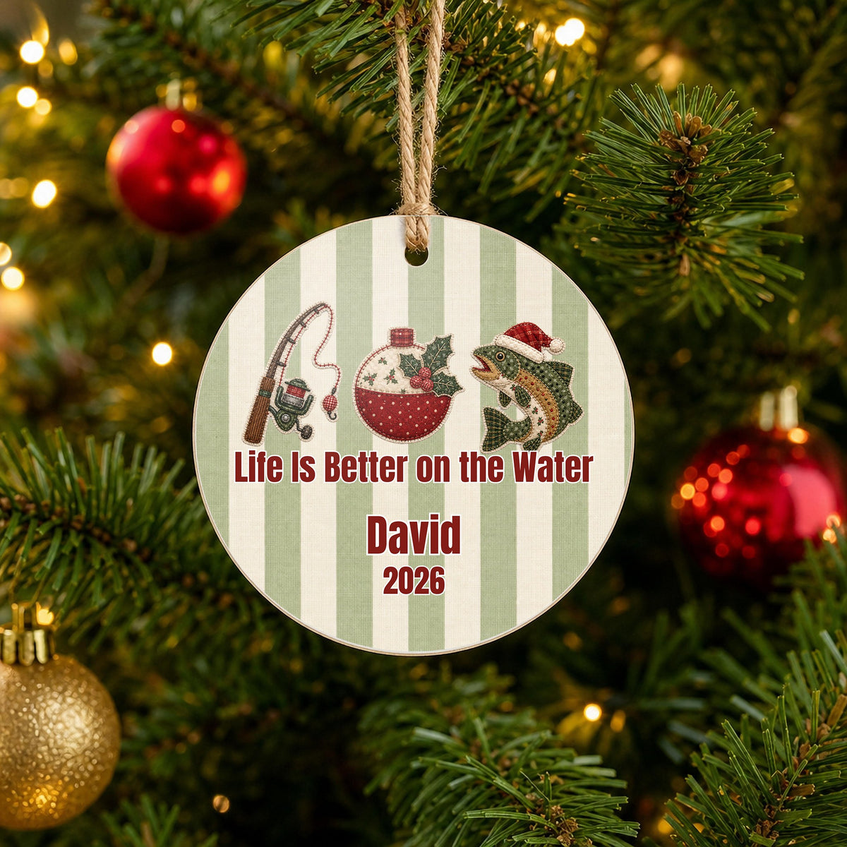 Personalized Fishing Ornament on Christmas tree