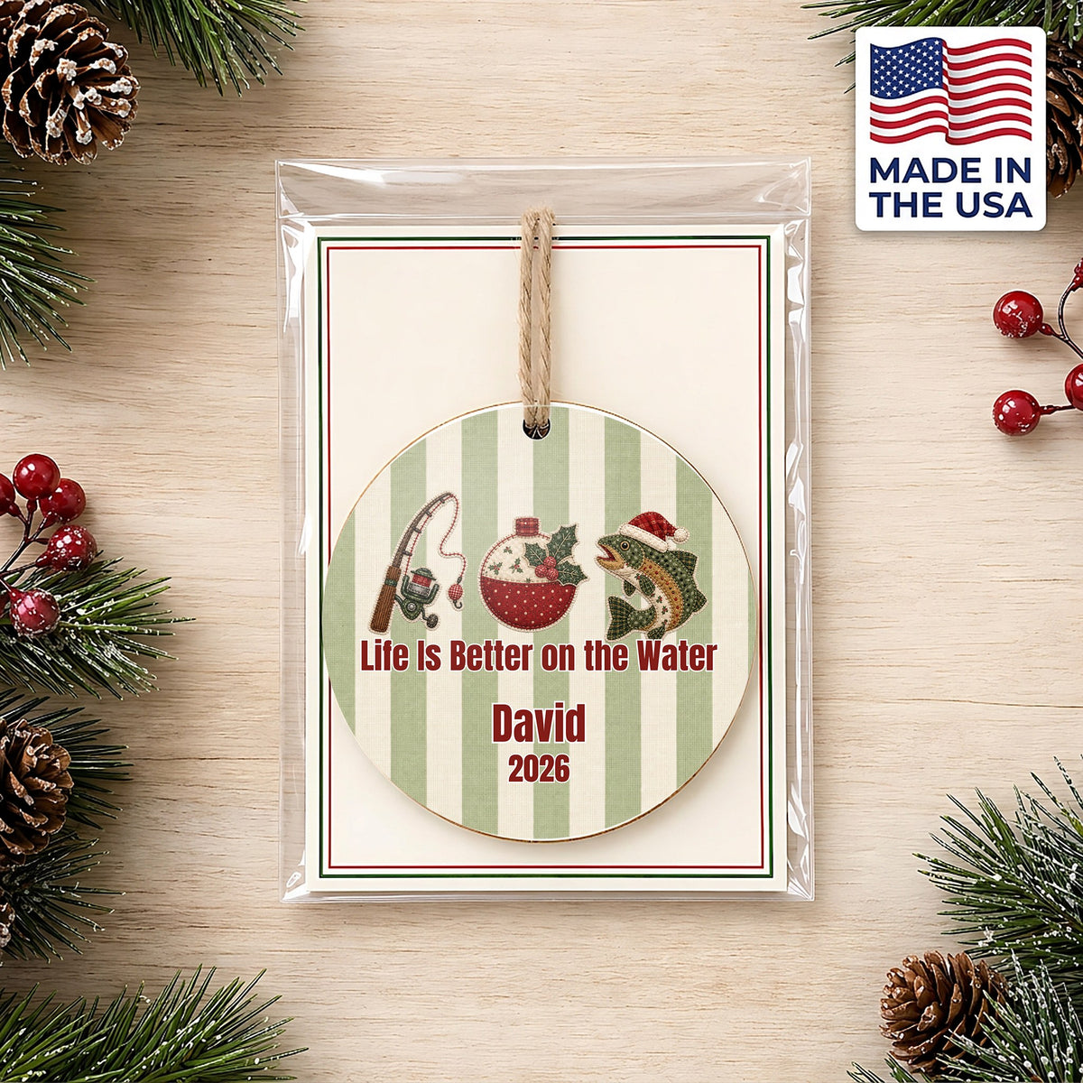 Personalized Fishing Ornament in gift packaging