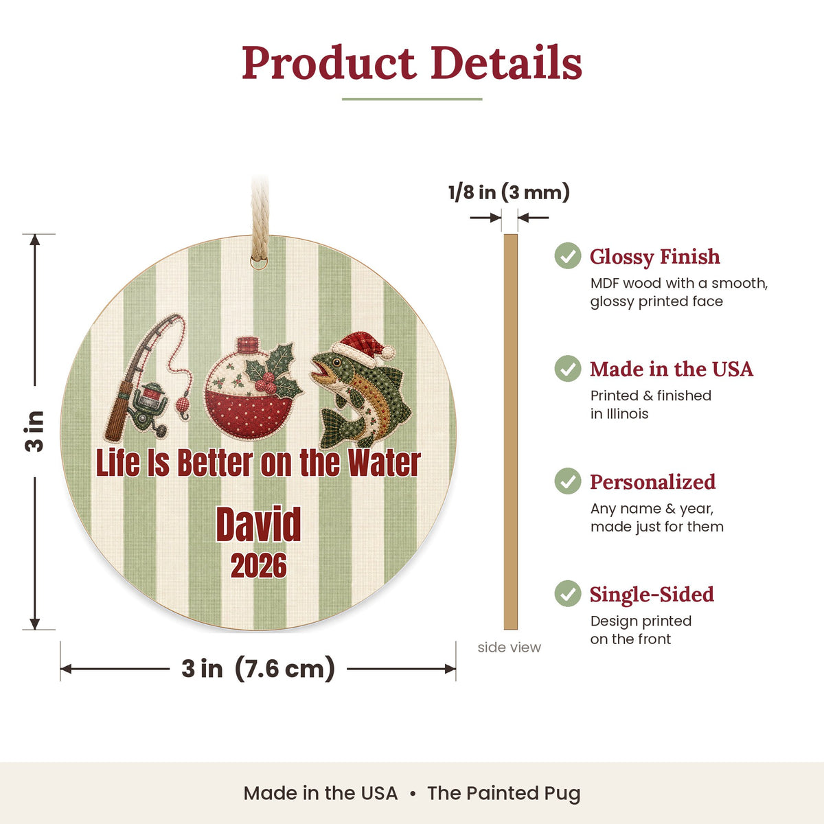 Personalized Fishing Ornament size and details