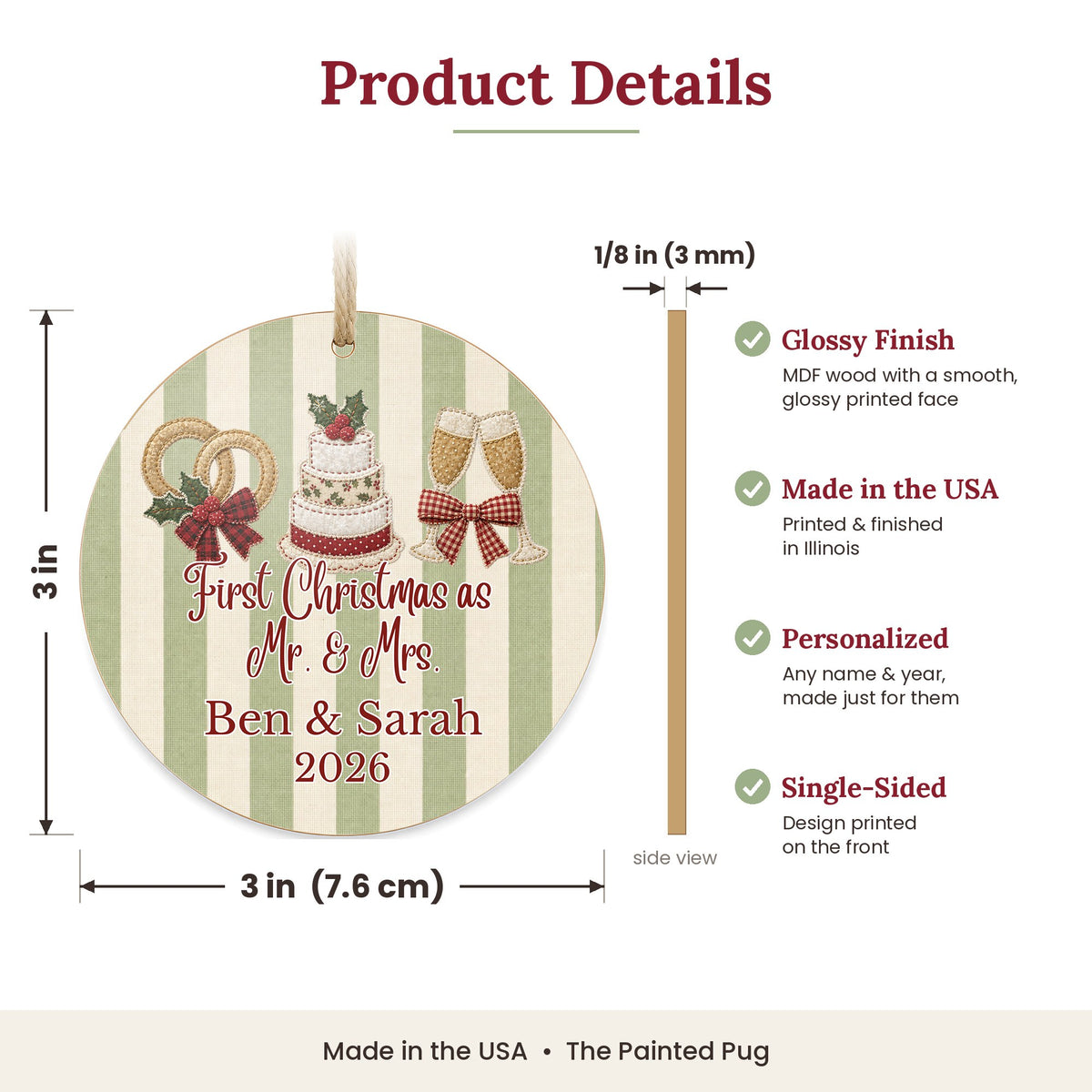 Personalized First Christmas as Mr & Mrs Ornament size and details