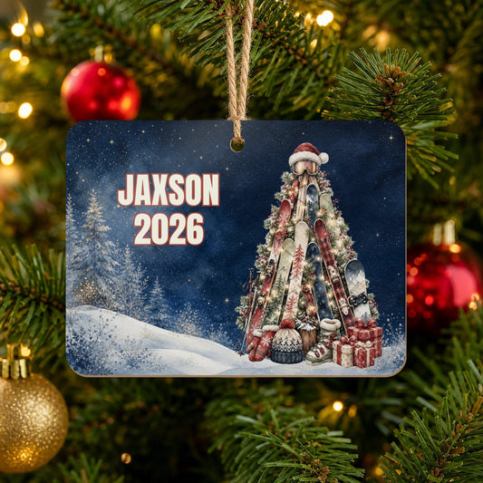 Personalized Skiing Christmas Tree Ornament on Christmas tree