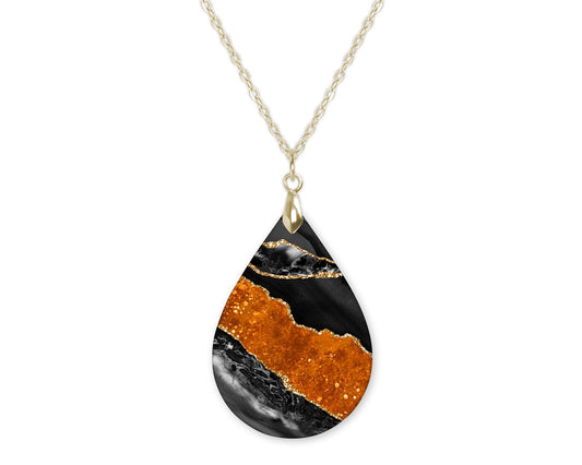 Orange Black Gold Agate Teardrop Shape Necklace
