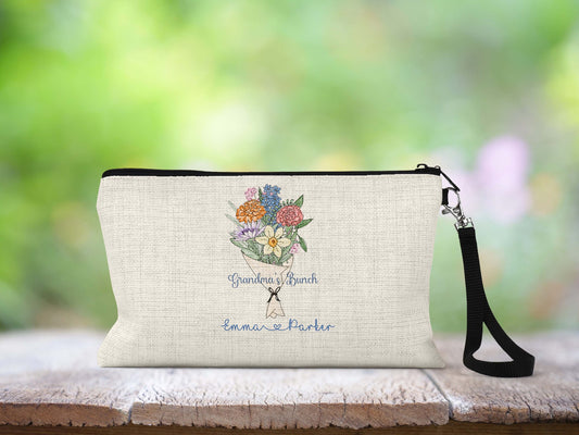 Personalized Grandma's Bunch birth flower Makeup Bag outdoors