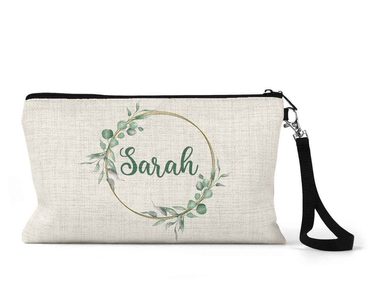 Personalized greenery wreath Makeup Bag front view on a white background