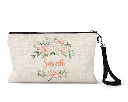 Personalized peach floral Makeup Bag front view on a white background