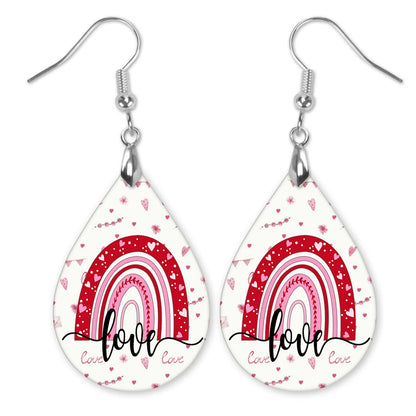 Valentine's Day Teardrop Earrings with Rainbow Design – Double-Sided Printed MDF Wood – Two Sizes Available