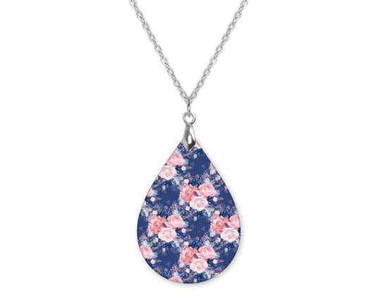 Navy Blue Pink Rose Floral Teardrop Shape Necklace