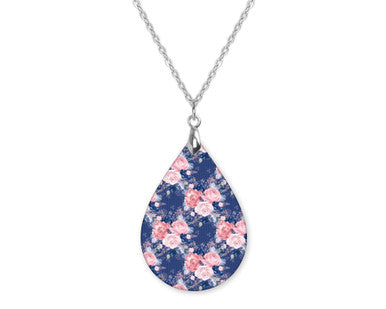 Navy Blue Pink Rose Floral Teardrop Shape Necklace