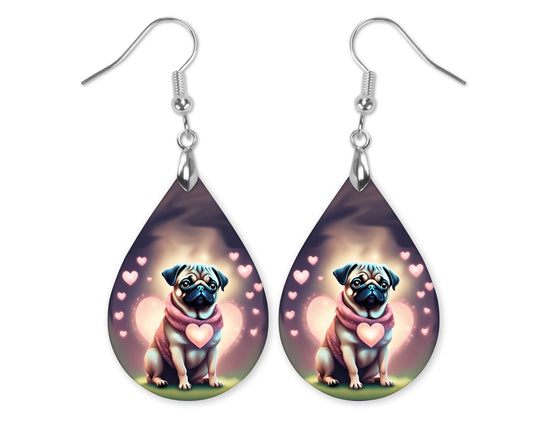 Valentine's Day Earrings – Cute Pug Dog Earrings with Heart Design, Handmade Pet Lover Gift