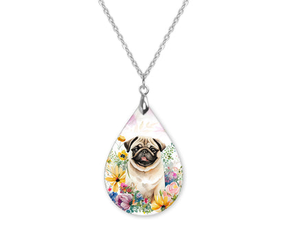 Pug Floral Dog Lover Teardrop Shape Necklace