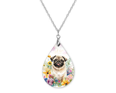 Pug Floral Dog Lover Teardrop Shape Necklace