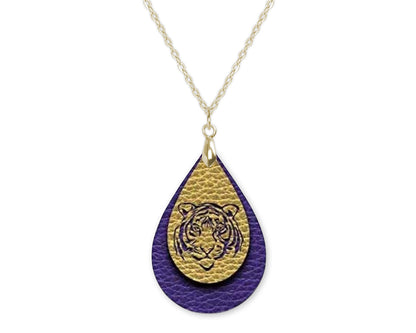 Purple Gold Tiger Game Day Teardrop Shape Necklace