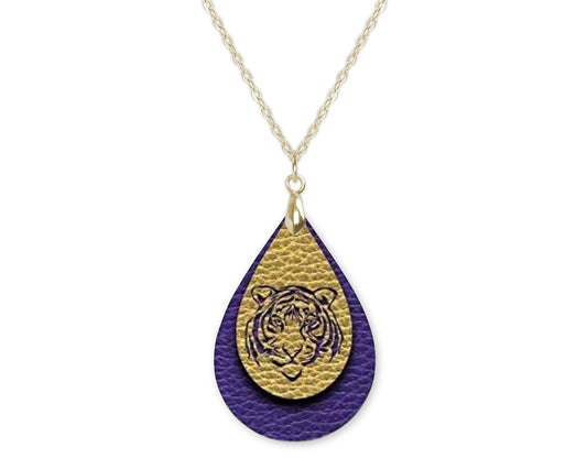 Purple Gold Tiger Game Day Teardrop Shape Necklace