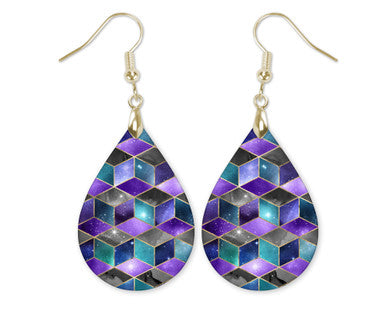 Purple Grey Geometric Pattern Dangle Teardrop Earrings