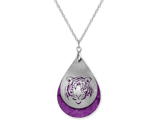 Purple Silver Tiger Game Day Teardrop Shape Necklace