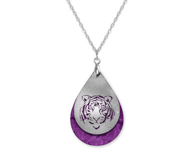 Purple Silver Tiger Game Day Teardrop Shape Necklace