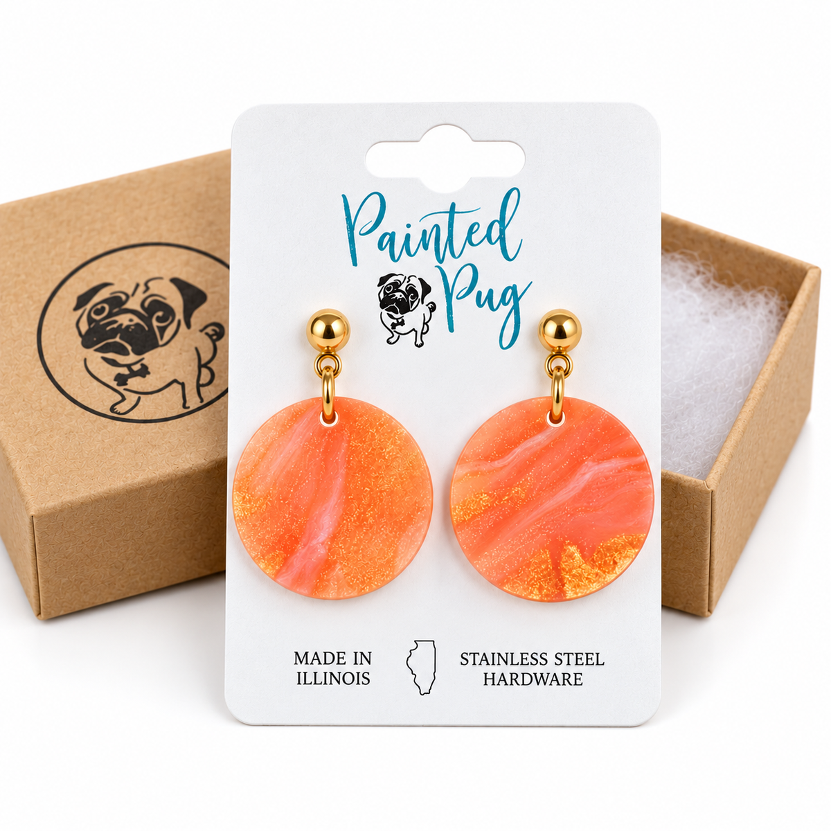 Peach Marble Glitter Round Dangle Earrings
